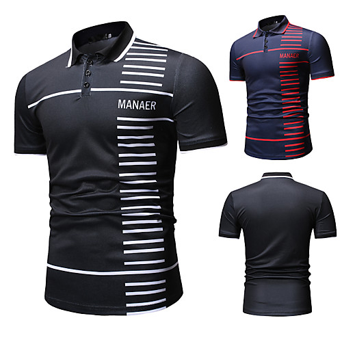 

Men's Golf Shirt Tennis Shirt Striped Letter Button-Down Short Sleeve Street Tops Cotton Business Casual Comfortable Black Navy Blue