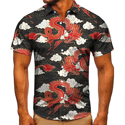 

Men's Shirt 3D Print Dragon Graphic Prints Button-Down Short Sleeve Street Tops Casual Fashion Classic Breathable Black