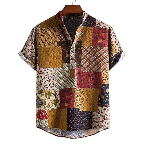 

Men's Shirt Graphic Short Sleeve Casual Tops Ethnic Style Red Yellow