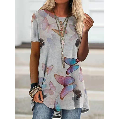 

Women's Butterfly T shirt Dress Butterfly Animal Print Round Neck Tops Basic Basic Top Light gray