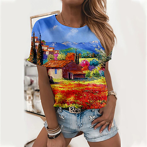 

Women's Floral Theme Abstract 3D Printed T shirt Graphic Scenery 3D Print Round Neck Basic Tops Blue Purple Red