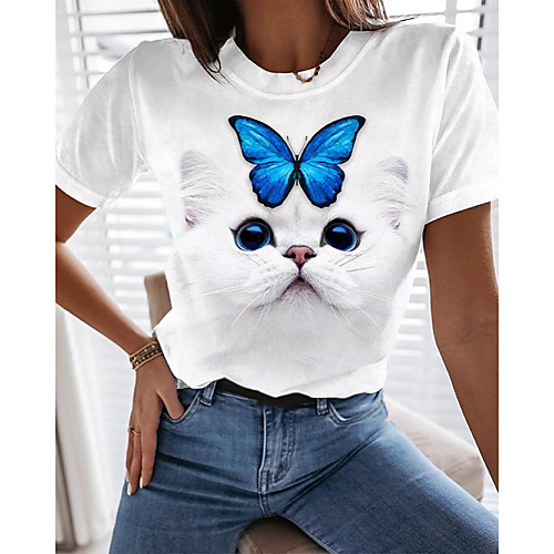 

Women's Butterfly 3D Cat T shirt Cat Butterfly 3D Print Round Neck Basic Tops White