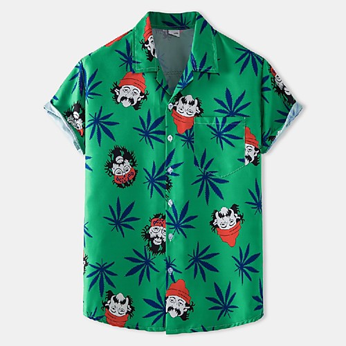 

Men's Shirt Graphic Short Sleeve Casual Tops Hawaiian Beach Button Down Collar Green