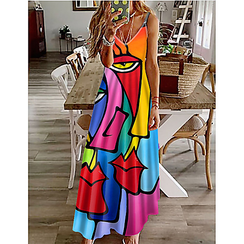 

Women's A Line Dress Maxi long Dress Rainbow Sleeveless Print Abstract Print Spring Summer V Neck Casual 2021 S M L XL XXL 3XL