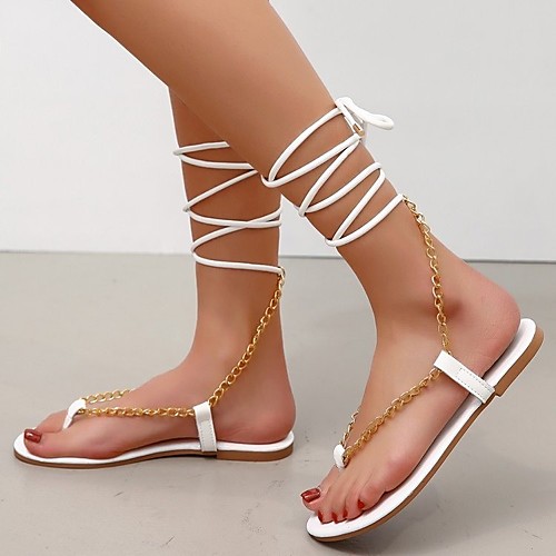 

Women's Sandals Lace up Boho Bohemia Beach Flat Heel Round Toe PU Flower Solid Colored White Black Khaki