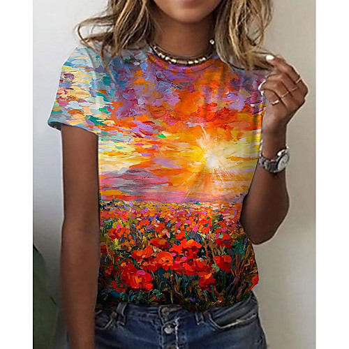

Women's Floral Theme Painting T shirt Floral Scenery Print Round Neck Basic Tops Orange