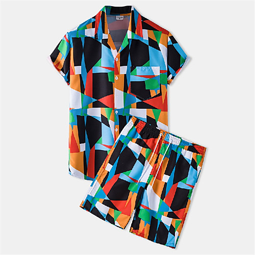 

Men's Shirt Suits Shirt Color Block Geometry Button-Down Short Sleeve Casual Tops Cotton Casual Fashion Hawaiian Breathable Rainbow
