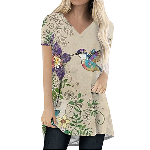 

Women's T Shirt Dress Tee Dress Short Mini Dress Beige Short Sleeve Floral Print Animal Print Spring Summer V Neck Casual Holiday Loose 2021 S M L XL XXL 3XL