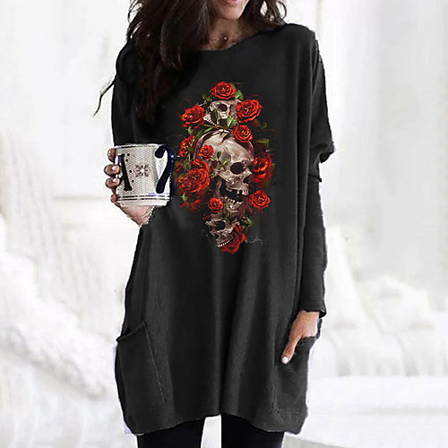 

Women's T shirt Dress Graphic Skull Flower Long Sleeve Pocket Round Neck Tops Basic Basic Top White Black Fuchsia