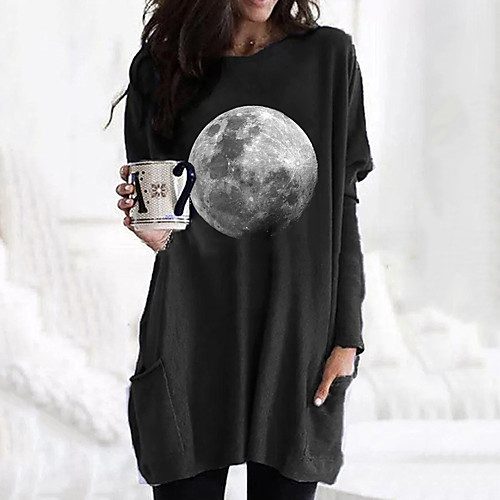 

Women's T shirt Dress Graphic Long Sleeve Pocket Round Neck Tops Basic Basic Top White Black Fuchsia