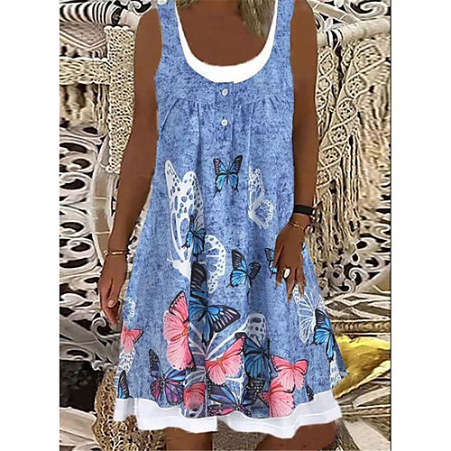 

Women's A Line Dress Knee Length Dress Denim Blue Gray Sleeveless Print Spring Summer Casual / Daily 2021 S M L XL XXL XXXL