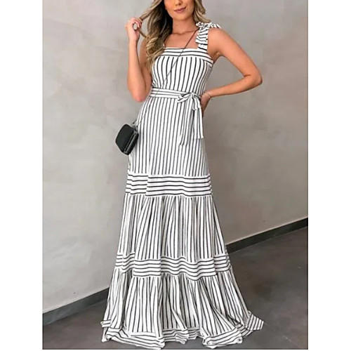 

Women's Swing Dress Maxi long Dress White Black Sleeveless Stripes Spring Summer Casual / Daily 2021 S M L XL
