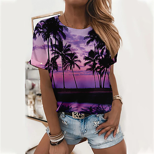 

Women's Floral Theme 3D Printed Painting T shirt Plants Scenery 3D Print Round Neck Basic Tops Purple Yellow Orange