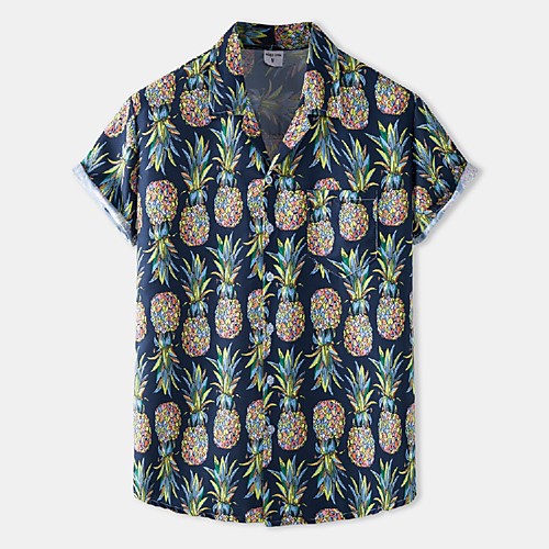 

Men's Shirt Other Prints Pineapple Print Short Sleeve Casual Tops Hawaiian Navy Blue