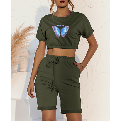

Women's Basic Streetwear Butterfly Letter Vacation Casual / Daily Two Piece Set Crop Top Tracksuit T shirt Loungewear Shorts Drawstring Print Tops
