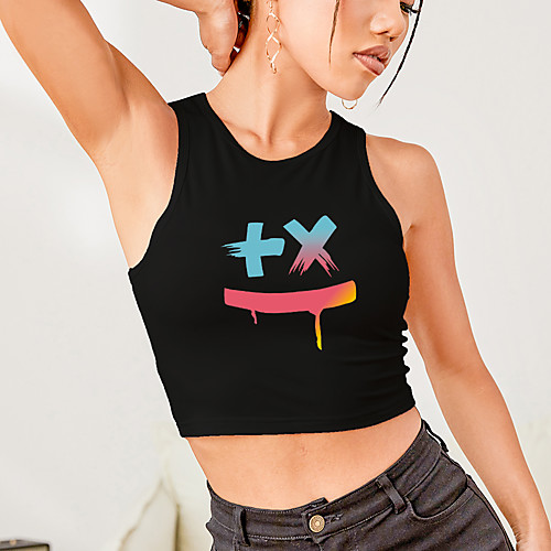 

Women's Tank Top T shirt Graphic Print Round Neck Basic Sexy Tops Slim White Blushing Pink Black / Crop