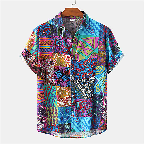 

Men's Shirt Color Block Button-Down Short Sleeve Casual Tops Cotton Casual Fashion Breathable Comfortable Blue Red