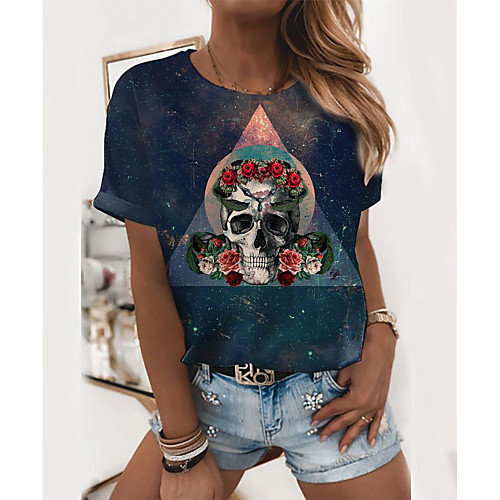 

Women's Floral Theme T shirt Floral Skull Print Round Neck Tops Basic Basic Top Blue