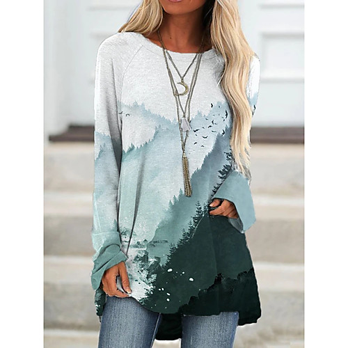 

Women's Going out Painting T shirt Dress Scenery Long Sleeve Print Round Neck Basic Tops White Black