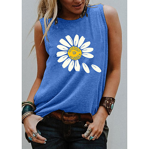 

Women's Holiday Tank Top T shirt Graphic Daisy Print Round Neck Basic Tops Blue Purple Light gray / Going out