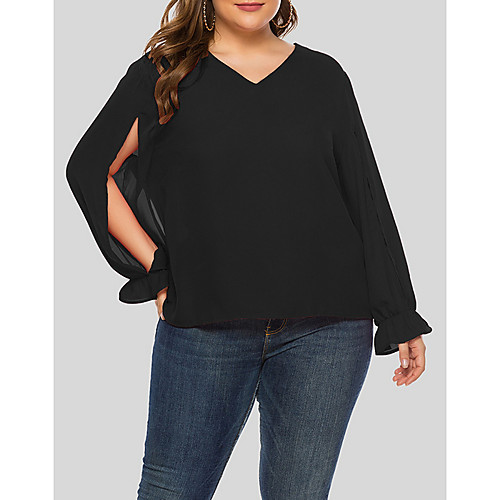 

Women's Plus Size Tops Blouse Plain Long Sleeve V Neck Puff Sleeve Fashion Fall Summer Black Big Size XL XXL 3XL 4XL