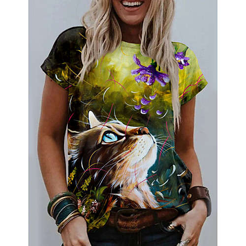 

Women's 3D Cat T shirt Cat Butterfly 3D Print Round Neck Basic Tops Green