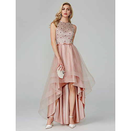 

A-Line Elegant & Luxurious Sparkle & Shine High Low Cocktail Party Prom Dress Jewel Neck Sleeveless Asymmetrical Satin Tulle with Beading Cascading Ruffles 2021 / Keyhole