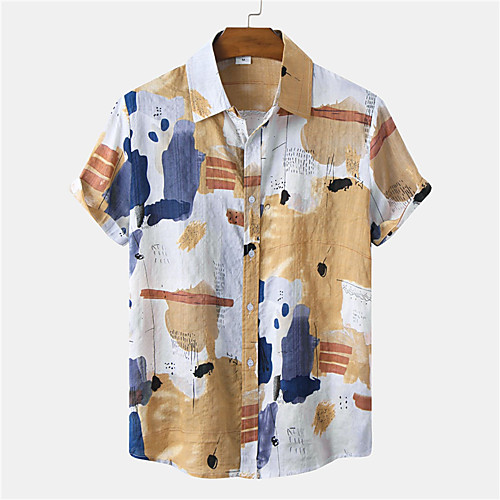 

Men's Shirt Color Block Button-Down Short Sleeve Casual Tops Cotton Casual Fashion Hawaiian Breathable Red Green Brown