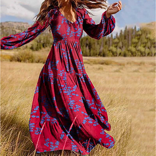 

Women's Swing Dress Maxi long Dress Green Red Long Sleeve Print Spring Summer Casual / Daily 2021 S M L XL XXL XXXL