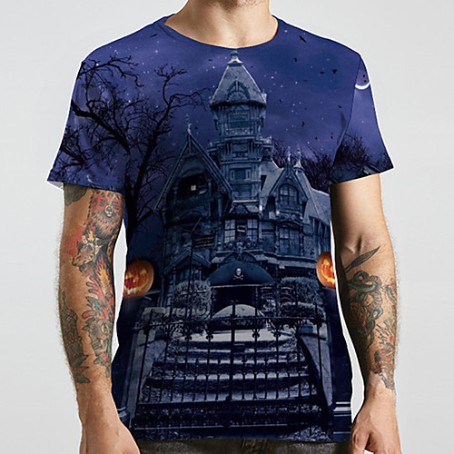 

Men's Unisex Tee T shirt 3D Print Graphic Prints Castle Plus Size Print Short Sleeve Casual Tops Basic Designer Big and Tall Blue