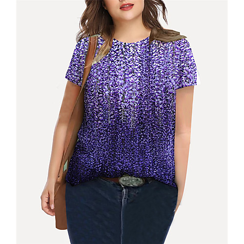 

Women's Plus Size Tops T shirt Floral Graphic Print Short Sleeve Crewneck Basic Purple Big Size XL XXL 3XL 4XL 5XL / Holiday