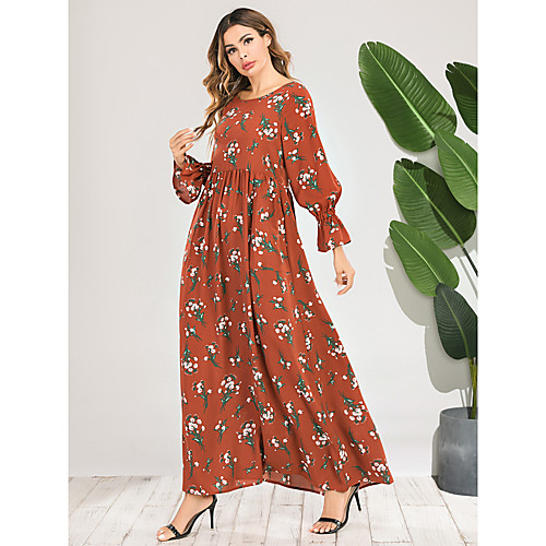 

Women's Swing Dress Maxi long Dress Orange Long Sleeve Print Fall Spring Elegant & Luxurious 2021 S M L XL