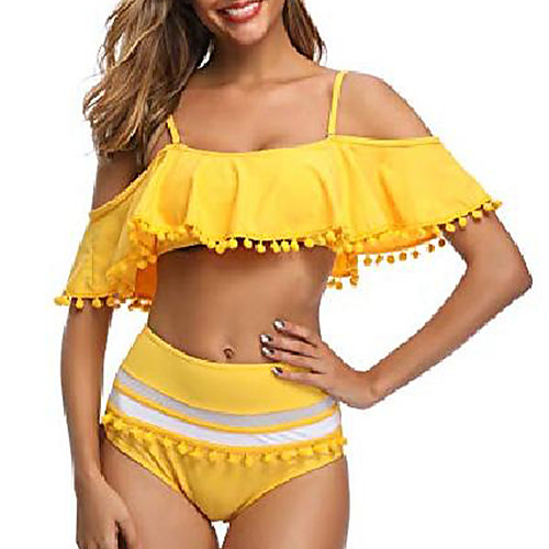 

Women's Bikini 2 Piece Swimsuit Tassel Stripe Black Flowers Yellow Swimwear Bathing Suits New Sexy Sweet / Padded Bras / Beach