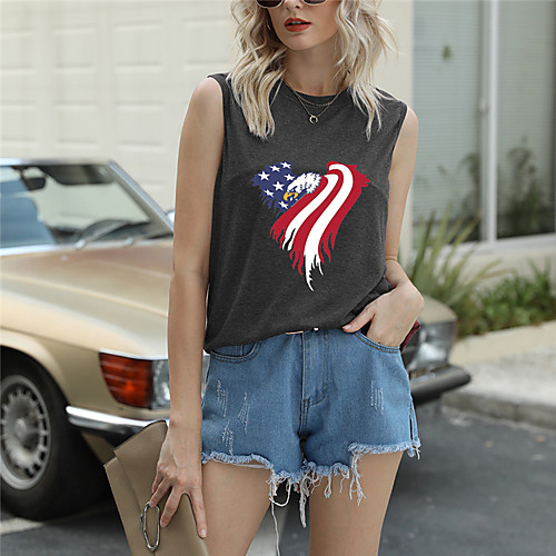 

Women's Independence Day Tank Top T shirt Star USA American Flag Print Round Neck Basic Streetwear Tops Blue Purple Green