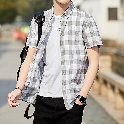 

Men's Shirt Lattice Short Sleeve Casual Tops Blue Gray