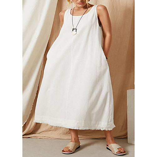 

Women's Swing Dress Midi Dress White Sleeveless Solid Color Fall Summer Round Neck Elegant Casual 2021 S M L / Cotton / Cotton