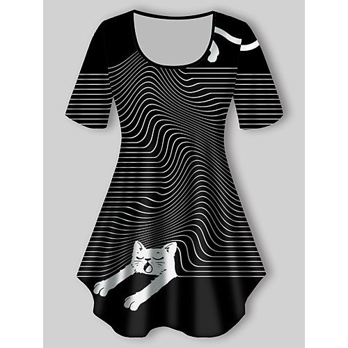 

Women's Plus Size Tops T shirt Striped Cat Graphic Print Short Sleeve Crewneck Basic Black Big Size XL XXL 3XL 4XL 5XL / Holiday