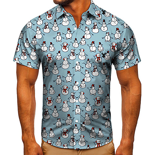 

Men's Shirt 3D Print Graphic Prints Snowman Button-Down Short Sleeve Street Tops Casual Fashion Classic Breathable Blue