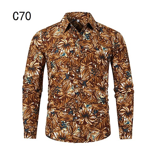 

Men's Shirt Other Prints Floral Leaves Long Sleeve Casual Tops Chinoiserie Light Brown