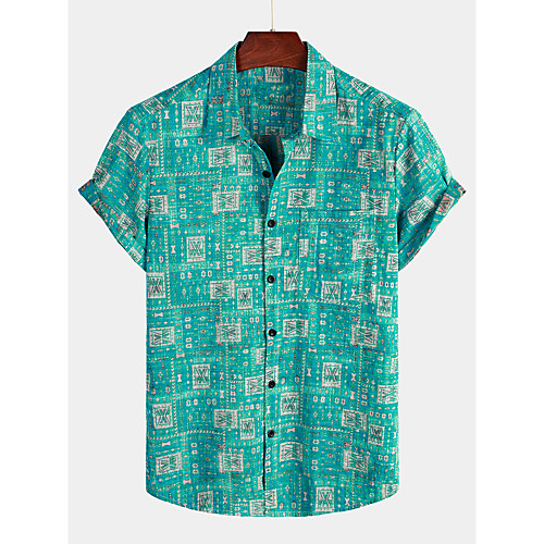 

Men's Shirt Tribal Short Sleeve Daily Tops Cotton Basic Boho Classic Collar Light Blue / Beach