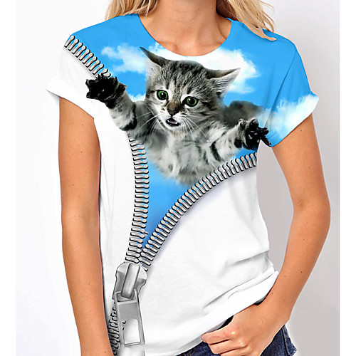 

Women's 3D Printed 3D Cat T shirt Cat 3D Animal Print Round Neck Basic Tops Blue