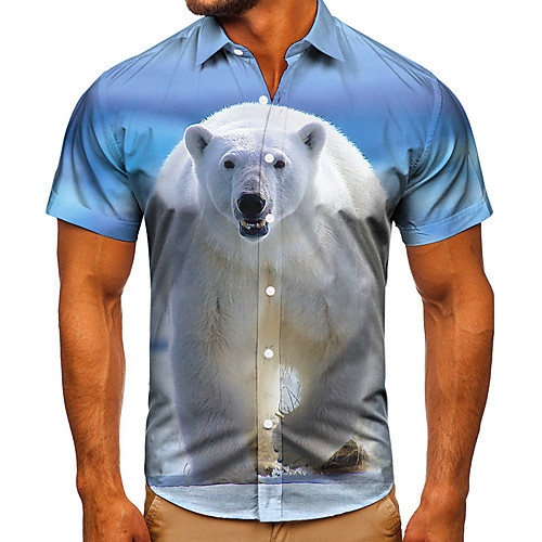 

Men's Shirt 3D Print Graphic Prints Polar Bear Button-Down Short Sleeve Street Tops Casual Fashion Classic Breathable Blue