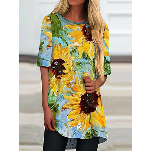 

Women's T shirt Sunflower Round Neck Tops Basic Basic Top Yellow