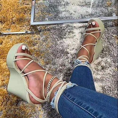 

Women's Sandals Lace up Wedge Sandals Wedge Heel Round Toe PU Solid Colored Pink Green