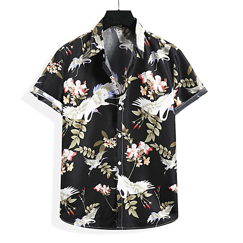 

Men's Shirt Floral Graphic Bird Print Short Sleeve Casual Tops Casual Tropical Beach Black Navy Blue