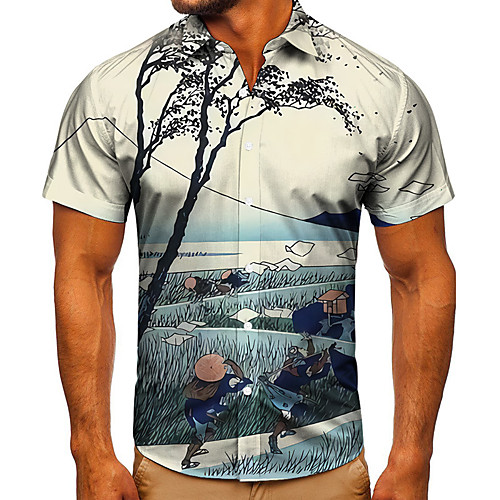 

Men's Shirt 3D Print Plants Graphic Prints Button-Down Short Sleeve Street Tops Casual Fashion Classic Breathable Blue