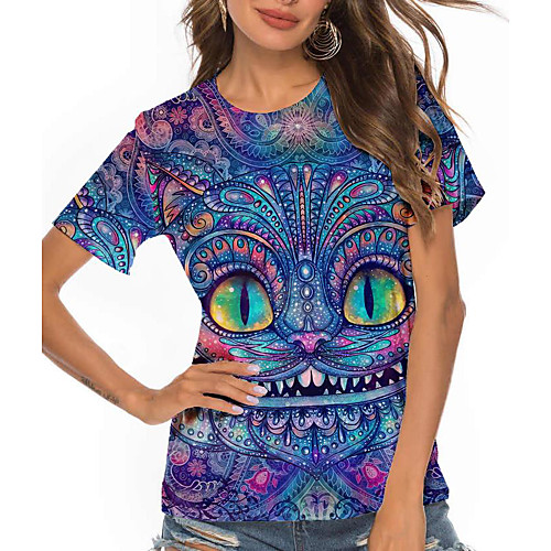 

Women's 3D Cat T shirt Cat Animal Print Round Neck Basic Tops Purple
