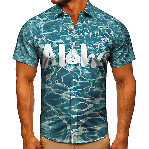 

Men's Shirt 3D Print Graphic Prints Letter Button-Down Short Sleeve Street Tops Casual Fashion Classic Breathable Blue