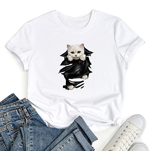 

Women's T shirt Cat Graphic 3D Print Round Neck Tops 100% Cotton Basic Basic Top White