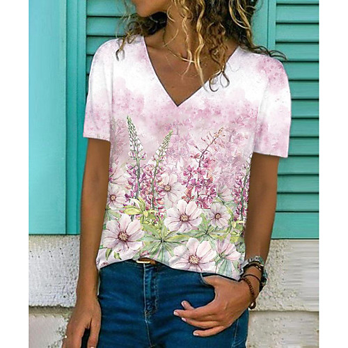 

Women's Floral Theme 3D Printed Painting T shirt Floral 3D Flower Print V Neck Basic Tops Blushing Pink